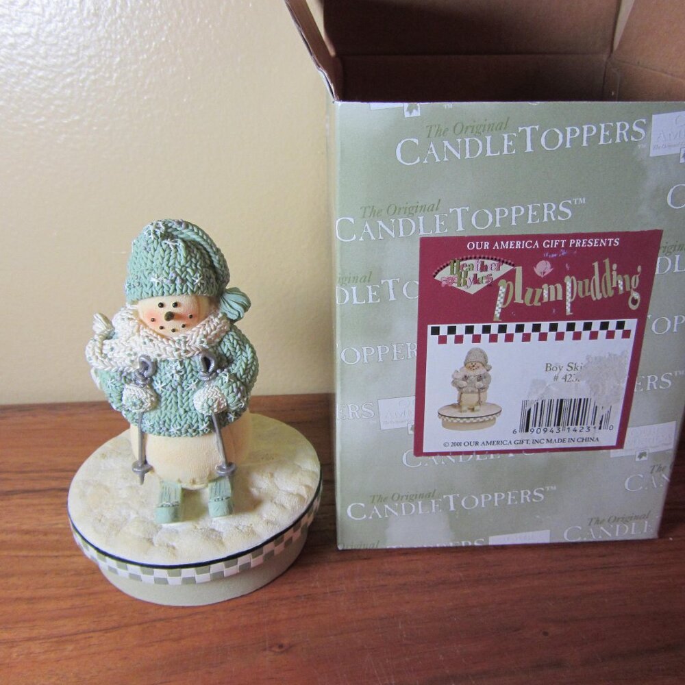 3 for $36 - plum pudding candle topper snowman skiing NIB (W3496)